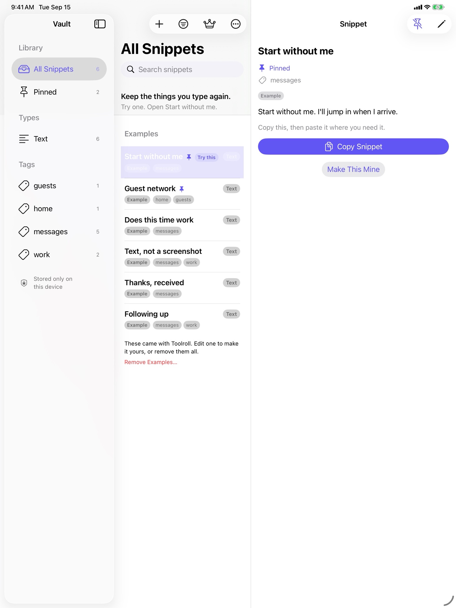 Toolroll on iPad with a tag sidebar, snippet list and the Start without me detail open for copying.